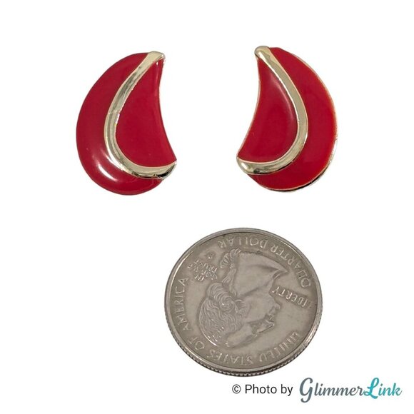 Vintage 80s Crescent Teardrop Red Enamel Gold Tone Clip On Earrings - Picture 5 of 10